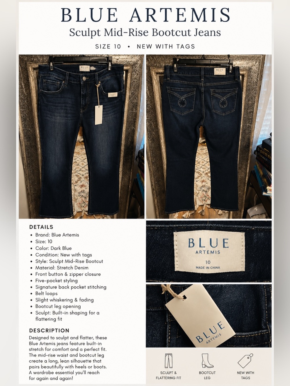 Sculpt Mid-Rise Bootcut Jeans in Dark Blue - Size 10